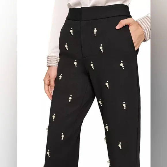 Karl Lagerfield Black Embellished Rhinestones & Faux Pearls Pants Sz 8 - Picture 7 of 12